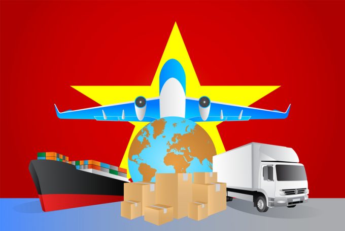 Vietnam logistics concept illustration. National flag of Vietnam from the back of globe, airplane, truck and cargo container ship