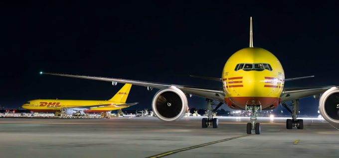 DHL aircraft (Boeing 777) at night