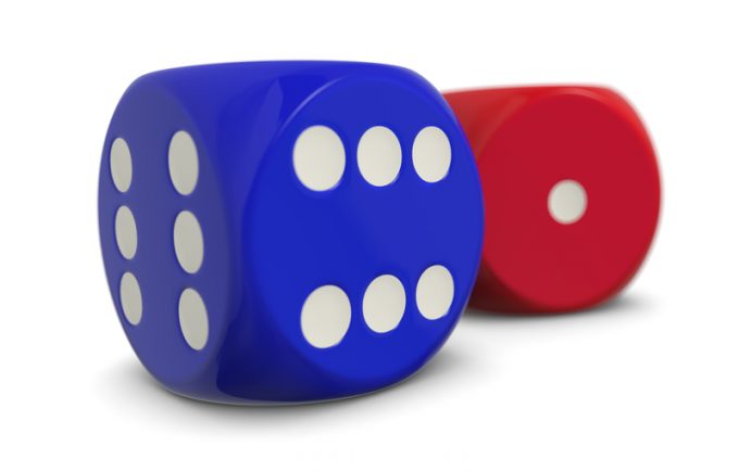 the winner and the loser, two dices, one with six dots and the other with one dot, concept of winner and loser (3d render)