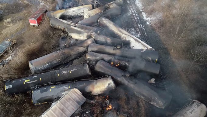 A drone footage shows the freight train derailment in East Palestine, Ohio