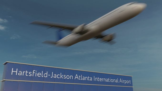 Commercial airplane taking off at Hartsfield-Jackson Atlanta International Airport Editorial 3D rendering