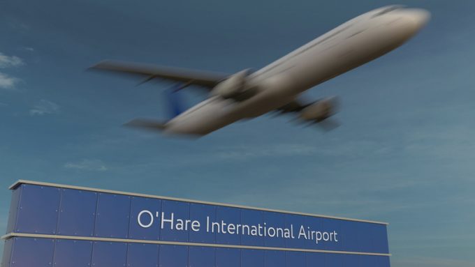 Commercial airplane taking off at O'Hare International Airport Editorial 3D rendering