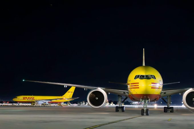 DHL aircraft (Boeing 777) at night