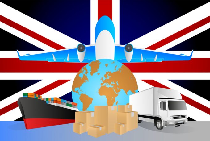 UK logistics concept illustration. National flag of UK from the back of globe, airplane, truck and cargo container ship