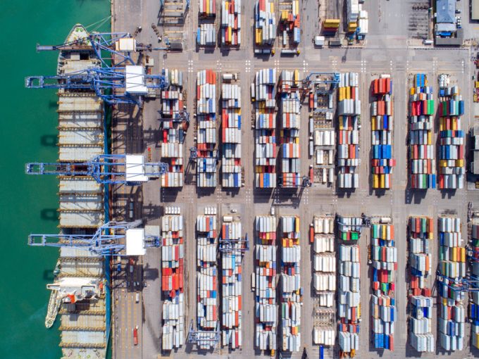 Top view of Container port and container ship transportation
