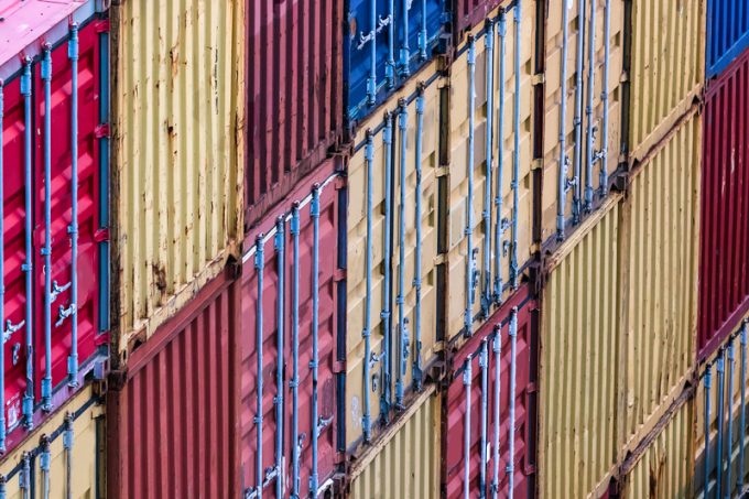 Group of shipping containers at the port, perspective view