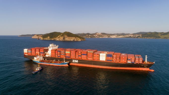 Nakhodka. Russia - August 30, 2017: Bunkering tanker Ostrov Russkiy a large container ship ZIM San Diego.