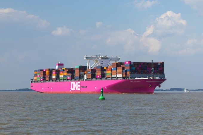 Ultra-large Container Ship ONE Columba on Elbe river