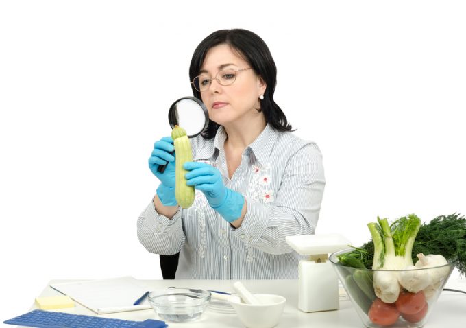 Phytosanitary technician carefully inspecting at a zucchini