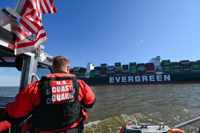 A US Coast Guard officer looking on as the operation to free Ever Forward continues Credit US Coast Guard