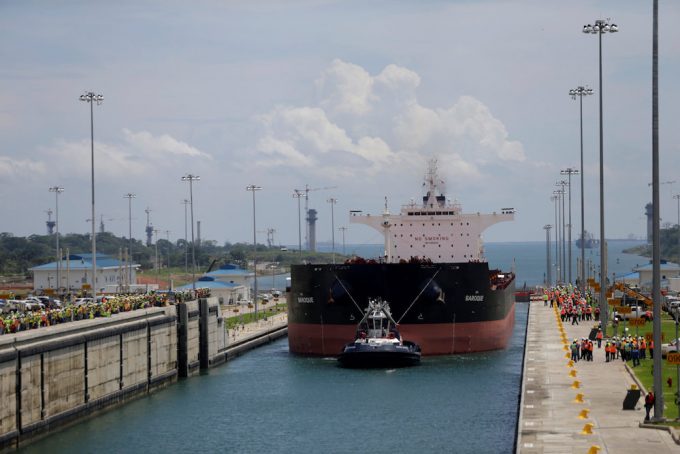The first trial run with a Post-Panamax cargo ship in the new sets of locks on the Atlantic side of the Panama Canal