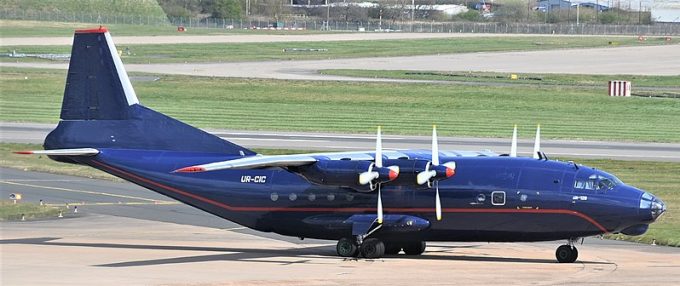 UR-CIC_Antonov_An-12BP_of_Meridian_Aviation_Enterprise_at_Birmingham-BHX,_20220409