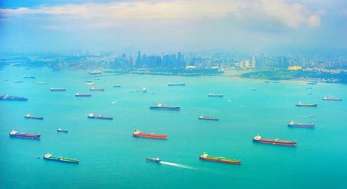 Shipping tankers in Singapore harbor