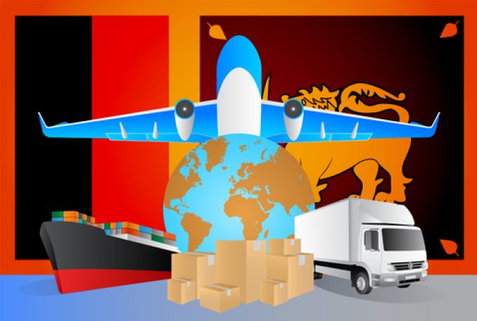 Sri Lanka logistics concept illustration. National flag of Sri Lanka from the back of globe, airplane, truck and cargo container ship