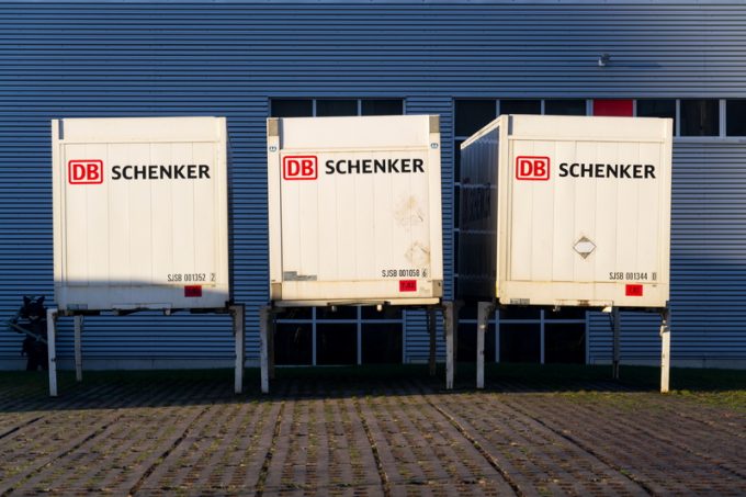 KLADNO, CZECH REPUBLIC - DECEMBER 4 2018: DB Schenker german rail operator Deutsche Bahn AG logistics division company logo on shipping container on December 4, 2018 in Kladno, Czech Republic.