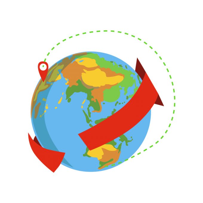 Globe With Red Arrow Going Around And Marked Destination Delivery Service Company Symbol Of Worldwide Coverage