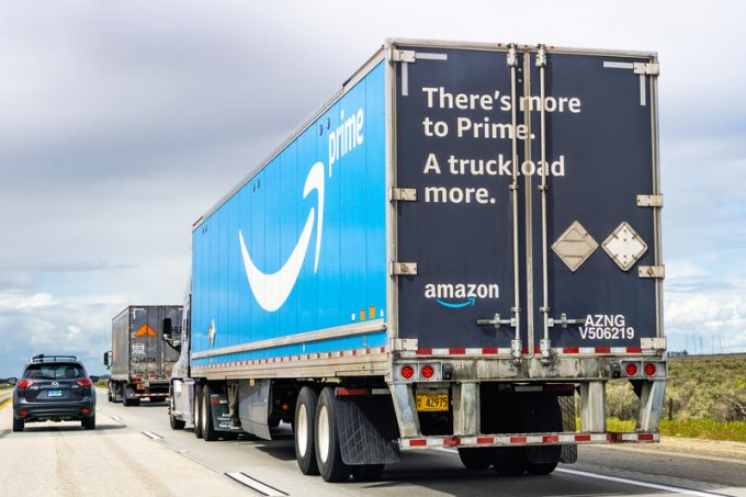March 20, 2019 Los Angeles / CA / USA - Amazon truck driving on