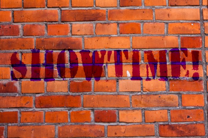 Text sign showing Showtime. Conceptual photo Time a Play Film Concert Perforanalysisce Event is scheduled to start Brick Wall art like Graffiti motivational call written on the wall.