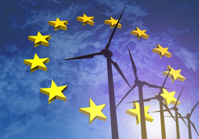 Wind turbines on the background of the flag EU Europe