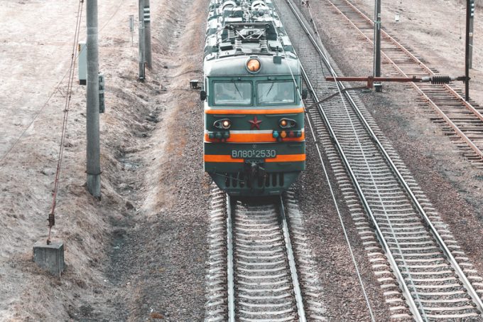 Minsk. Belarus. March 19, 2019. freight train. view from above
